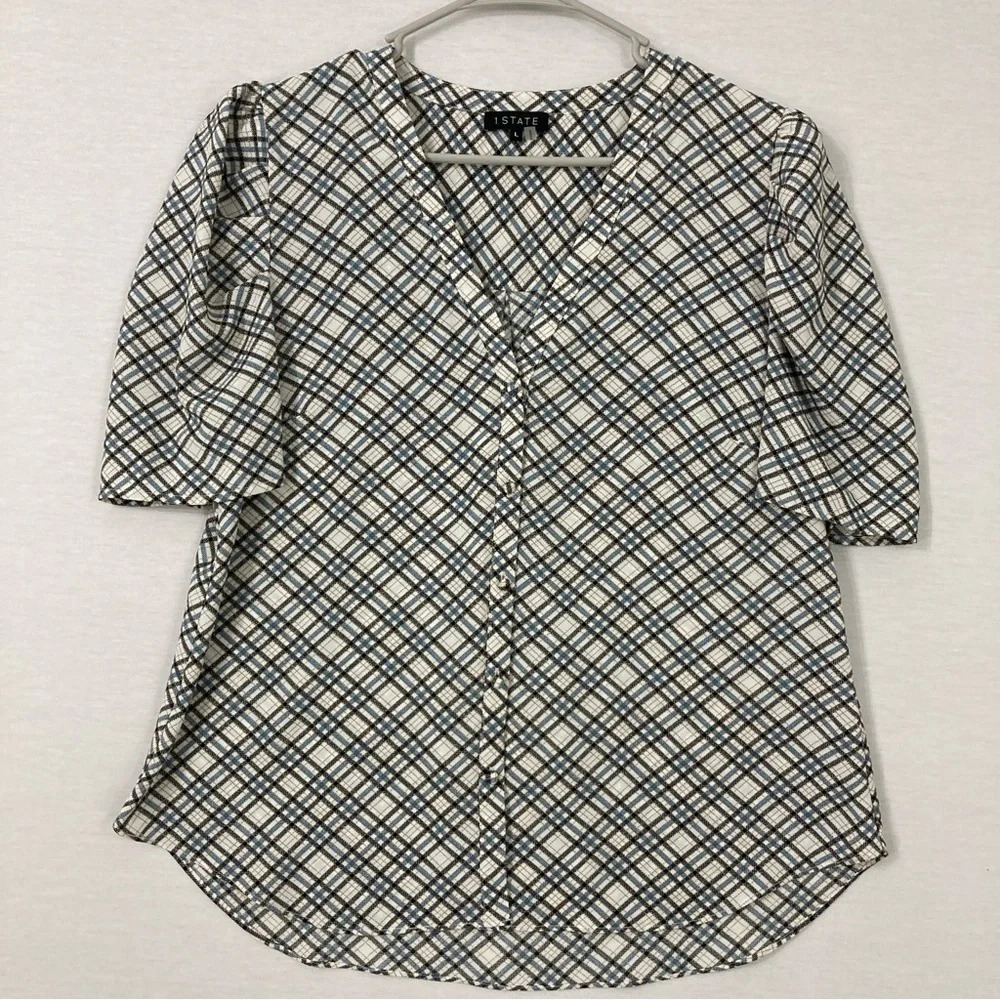 1. State Plaid‎ V Neck Soft Lightweight Short Sleeve Button Down Large